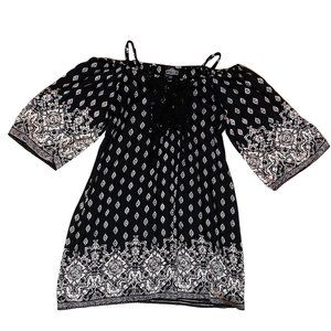 ANGIE Black/Cream Cold Shoulder Floral Tunic/Dress